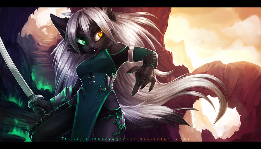 anthro black_nose breasts clothed clothing detailed_background digital_media_(artwork) female hair heterochromia holding_object holding_weapon juliathedragoncat melee_weapon sword weapon white_hair