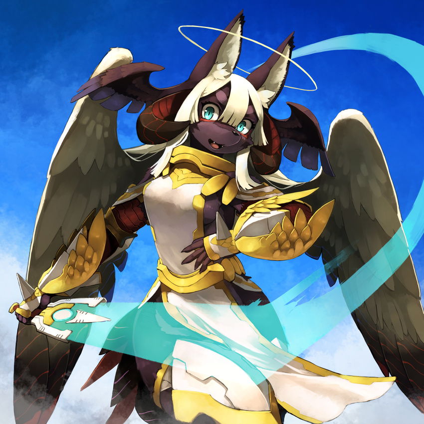 2017 4_wings 5_fingers angel anthro armor biped black_body black_feathers black_nose black_wings blue_eyes breasts canine clothing cloud curved_horn digital_media_(artwork) digital_painting_(artwork) fangs feathers female front_view gauntlets gloves glowing gorget greaves hair halo head_wings hellhound hi_res holding_object holding_weapon horn humanoid_hands inner_ear_fluff japanese kamukamu6392 kemono long_hair looking_at_viewer mammal medium_breasts melee_weapon multi_wing open_mouth open_smile portrait sky small_waist smile solo spaulders sword three-quarter_portrait voluptuous weapon white_clothing white_hair wings