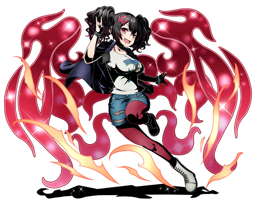 :d black_hair blue_shorts bra bracelet breasts breasts_apart collarbone denim denim_shorts divine_gate fang grey_footwear grey_shirt hair_between_eyes hair_ornament highres jewelry large_breasts leg_up long_hair looking_at_viewer open_mouth pantyhose pantyhose_under_shorts pink_bra red_eyes red_legwear shadow shirt short_shorts short_sleeves shorts simple_background smile solo standing twintails ucmm underwear white_background