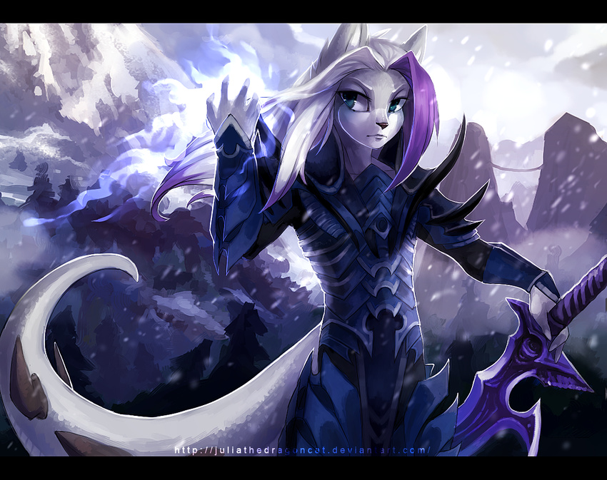 anthro black_bars blue_eyes detailed_background digital_media_(artwork) hair holding_object holding_weapon hybrid juliathedragoncat male purple_hair solo stanidng weapon white_hair