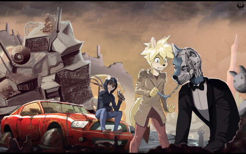 barefoot black_footed_ferret clothing cloud coat eldiman hoodie hover_car jeans machine pants raining robot scrap scrap_yard swift_fox teenager young