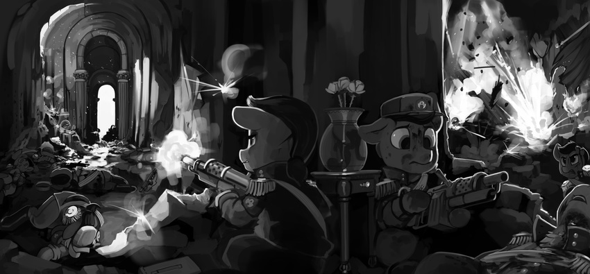 clothed clothing detailed_background dimfann equine fan_character feral greyscale group gun holding_object holding_weapon hooves mammal monochrome my_little_pony ranged_weapon weapon