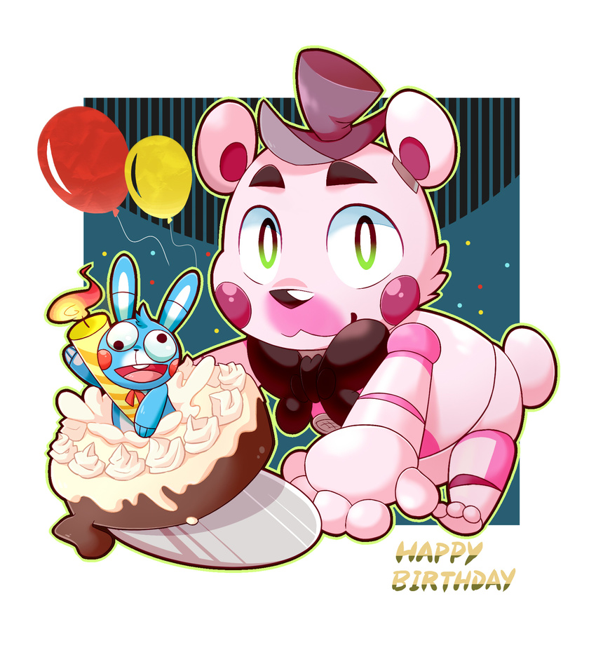 2017 3_toes 5_fingers :3 alternate_form animatronic anthro balloon bear bent_over biped birthday birthday_cake black_nose blue_background blush bow_tie cake candle cheek_tuft chibi chinese confetti digital_drawing_(artwork) digital_media_(artwork) dire english_text five_nights_at_freddy's five_nights_at_freddy's_2 food funtime_freddy_(fnafsl) fur hat hi_res holding_food holding_object kemono lagomorph leaning leaning_forward lighting looking_at_viewer machine male mammal outline pink_body rabbit robot shadow short_tail simple_background sister_location smile text toes toy_bonnie_(fnaf) tuft video_games white_background white_fur white_tail 迷途貓