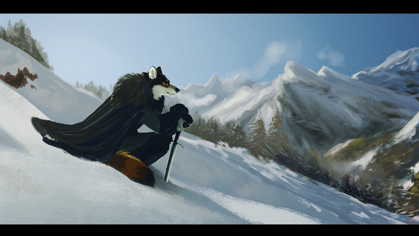 2017 anthro asoiaf canine clothed clothing detailed_background digital_media_(artwork) fur game_of_thrones jon_snow longclaw male mammal melee_weapon outside ritwells snow solo sword tree weapon winter wolf