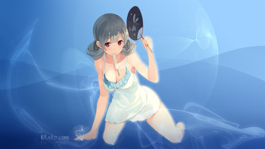 bangs banned_artist bare_legs bare_shoulders blunt_bangs blush breasts camisole cleavage closed_mouth collarbone dlsite.com double_bun dress eyebrows_visible_through_hair fan food food_in_mouth full_body grey_hair hand_up highres holding holding_fan kneeling large_breasts legs_apart looking_at_viewer mouth_hold paper_fan paseri popsicle purple_eyes sidelocks solo thighs uchiwa wallpaper watermark web_address white_dress xi_lily