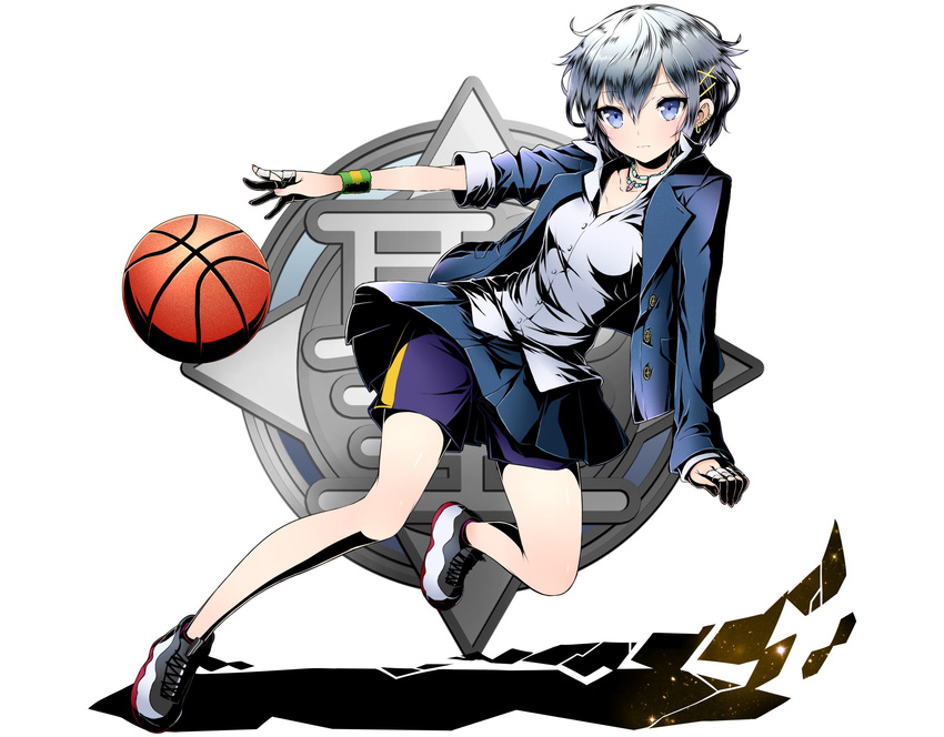 bandages basketball blue_eyes blue_jacket blue_shorts blue_skirt collarbone divine_gate dress_shirt eyebrows_visible_through_hair full_body grey_shirt hair_between_eyes highres jacket jewelry looking_at_viewer miniskirt necklace open_clothes open_jacket pleated_skirt shadow shirt short_hair short_shorts shorts shorts_under_skirt silver_hair simple_background skirt solo ucmm white_background wrist_cuffs