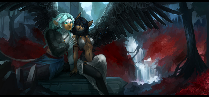 anthro black_bars black_feathers breasts clothed clothing detailed_background digital_media_(artwork) duo feathered_wings feathers feline female hi_res hybrid juliathedragoncat lion male mammal midriff navel sitting wide_hips wings