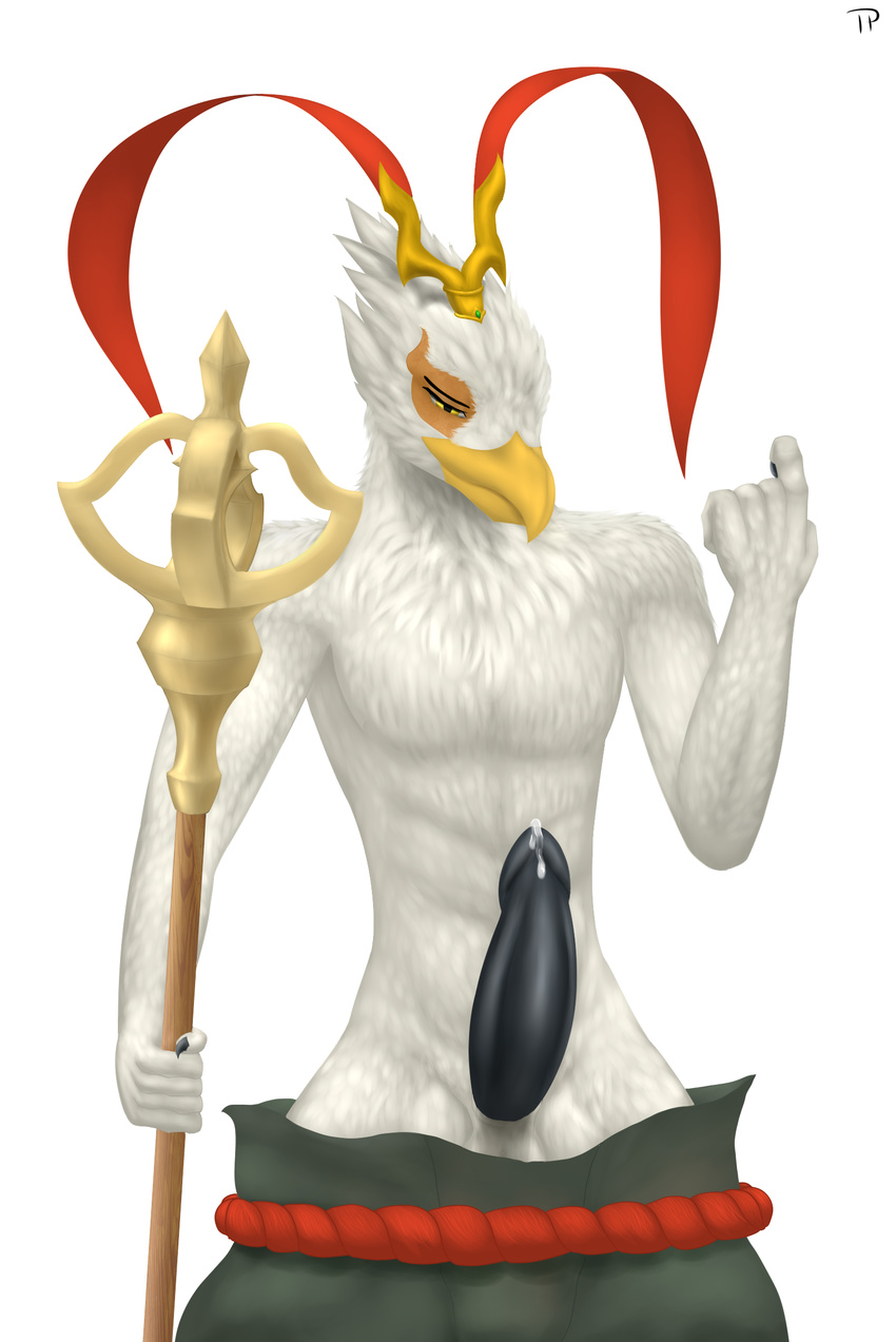 avian azir_(lol) beak beckoning claws clothed clothing erection feathers half-closed_eyes headwear league_of_legends looking_at_viewer male pants_down partially_clothed penis precum riot_games simple_background solo staff standing testowepiwko topless video_games white_background white_feathers yellow_eyes