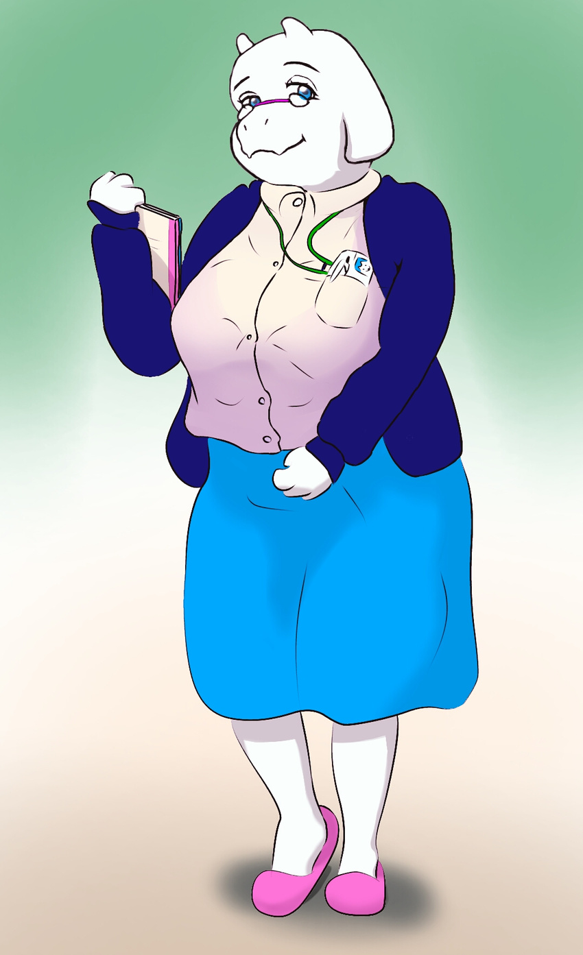 2017 4_fingers anthro badge big_breasts biped blue_bottomwear blue_clothing blue_eyes blue_topwear boss_monster breasts caprine clothing digital_drawing_(artwork) digital_media_(artwork) dr_satis dress_shirt eyelashes eyewear fangs female footwear front_view full-length_portrait glasses gradient_background green_background hi_res holding_object horn humanoid_hands jacket japanese jewelry kemono long_skirt looking_at_viewer magazine mammal mature_female necklace open_clothing open_jacket pince-nez plantigrade portrait raised_heel shadow shirt shoes simple_background skirt smile solo standing teacher toriel undertale uniform video_games white_background white_body white_clothing white_horn white_topwear