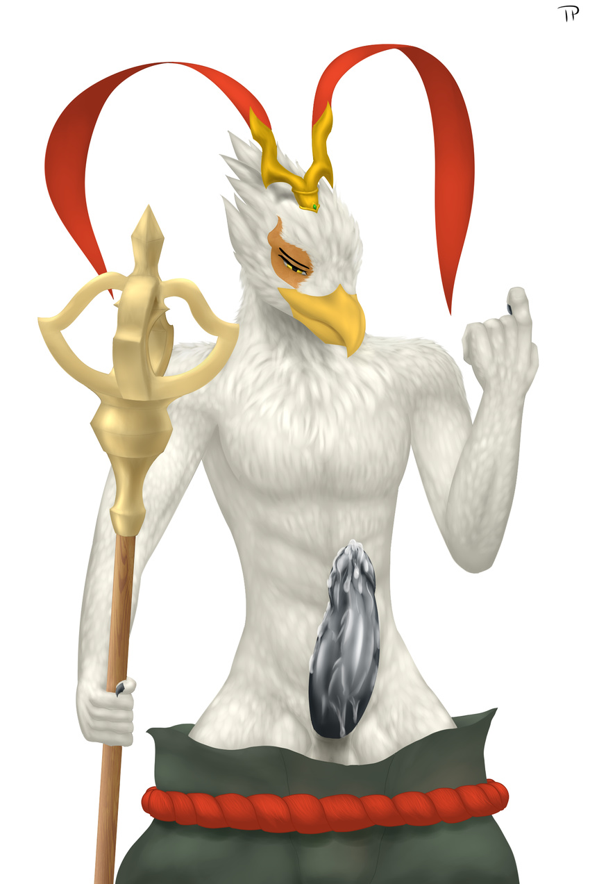 avian azir_(lol) beak beckoning claws clothed clothing cum cum_on_penis erection feathers half-closed_eyes headwear league_of_legends looking_at_viewer male pants_down partially_clothed penis riot_games simple_background solo staff standing testowepiwko topless video_games white_background white_feathers yellow_eyes
