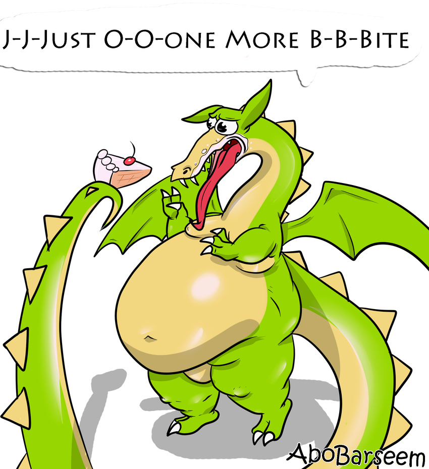 abobarseem_(artist) belly cake claws cuphead_(game) dragon fangs food grim_matchstick invalid_tag male moobs navel overweight text tongue tongue_out video_games watermark