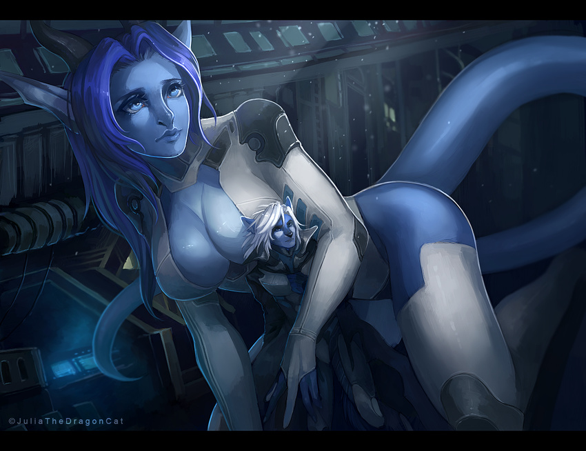 5_fingers alien anthro black_bars blue_eyes blue_hair blue_skin breasts clothed clothing detailed_background digital_media_(artwork) duo female hair juliathedragoncat male white_hair