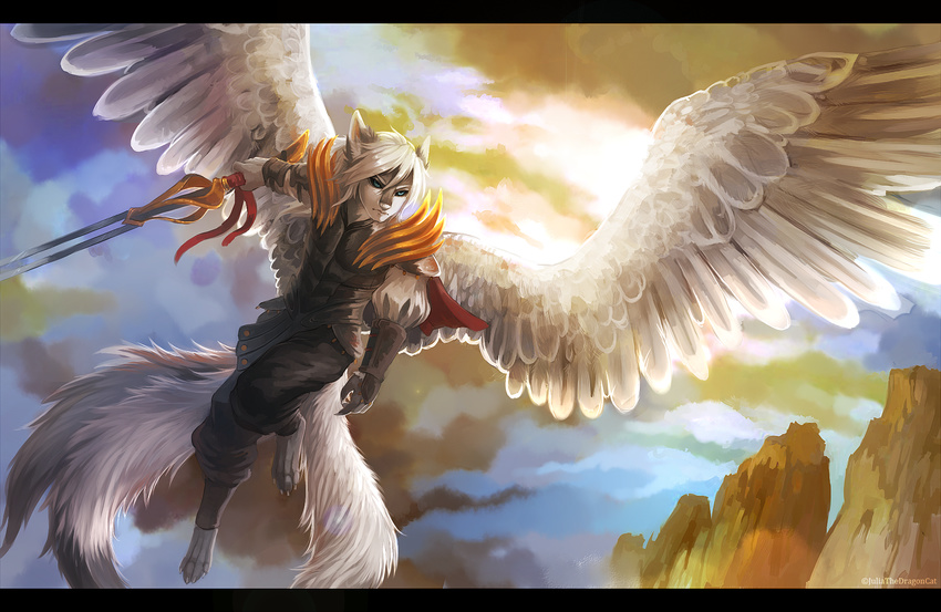 anthro barefoot black_bars clothed clothing day detailed_background digital_media_(artwork) digitigrade feathered_wings feathers fur hi_res hybrid juliathedragoncat outside solo white_feathers white_fur wings