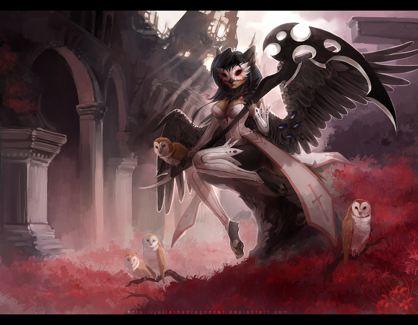 ambiguous_gender anthro avian bird black_bars black_feathers detailed_background digital_media_(artwork) feathered_wings feathers female feral group holding_object holding_weapon juliathedragoncat melee_weapon owl polearm scythe weapon wings