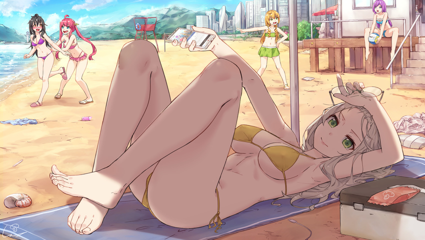 :d ahoge alice_(wet.elephant) arm_up artist_name bare_legs barefoot beach beach_house bian_yuan_mei bikini bikini_skirt black_hair blonde_hair blue_eyes blue_sky breasts brown_eyes cellphone city closed_mouth cloud cloudy_sky commentary cooler day dr._white_(wet.elephant) feet forehead glasses green_bikini green_eyes grey_hair highres holding holding_eyewear holding_phone horizon huai_diao_me large_breasts lying multiple_girls ocean on_back open_mouth original outdoors outstretched_arm phone pink_bikini pointing purple_bikini purple_hair ringlets seashell shade shell side-tie_bikini signature sitting sky smartphone smile solo_focus stairs standing swimsuit tareme thighs towel twintails umbrella volleyball wet.elephant xiao_you yellow_bikini yellow_eyes