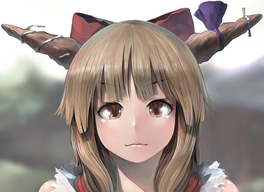 blurry bow brown_hair depth_of_field eyebrows_visible_through_hair eyelashes hair_bow horn_bow horns ibuki_suika ichiba_youichi lips looking_at_viewer outdoors portrait red_eyes sky solo touhou