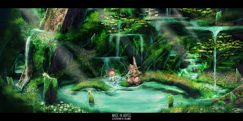 &gt;_&lt; 1other animal_ears bowl bunny_ears copyright_name facing_another furry highres holding holding_bowl letterboxed long_hair looking_at_another made_in_abyss mitty_(made_in_abyss) mitty_(made_in_abyss)_(furry) nanachi_(made_in_abyss) navel one_eye_closed partially_submerged red_hair samidare_(okayou) scenery water waterfall white_hair yellow_eyes