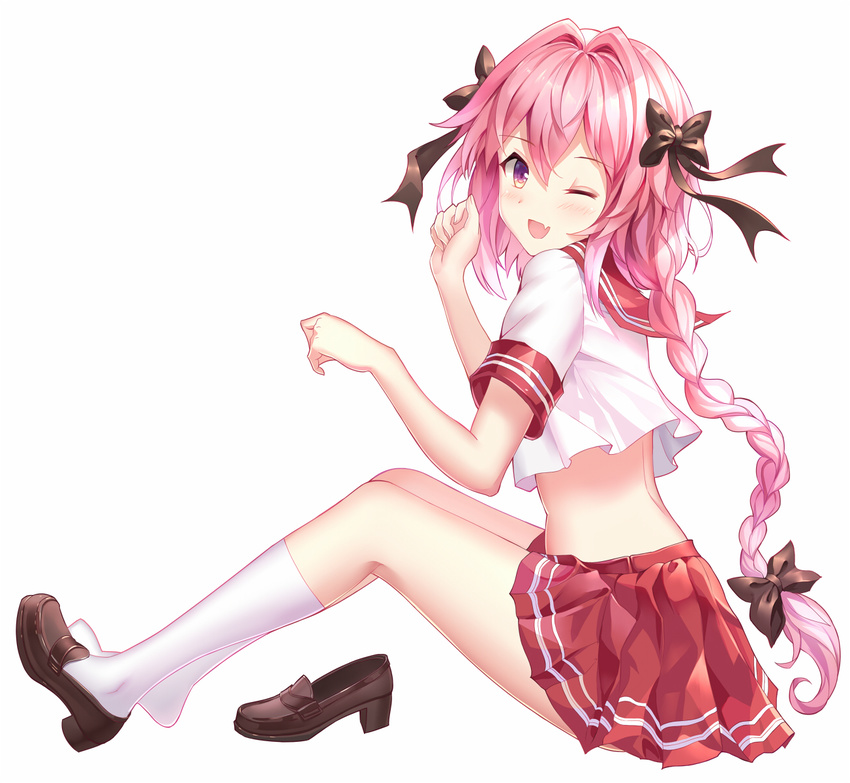 ;d aaeru astolfo_(fate) bangs black_bow black_ribbon blush bow braid brown_footwear commentary_request eyebrows_visible_through_hair fang fate/apocrypha fate/grand_order fate_(series) from_side full_body hair_between_eyes hair_bow hair_intakes hair_ribbon hands_up high_heels highres loafers long_hair looking_at_viewer looking_to_the_side male_focus midriff miniskirt one_eye_closed open_mouth otoko_no_ko paw_pose pink_hair pleated_skirt purple_eyes red_sailor_collar red_skirt ribbon sailor_collar school_uniform serafuku shiny shiny_hair shoe_removed shoes short_sleeves simple_background single_braid single_shoe skirt smile solo very_long_hair white_background white_legwear