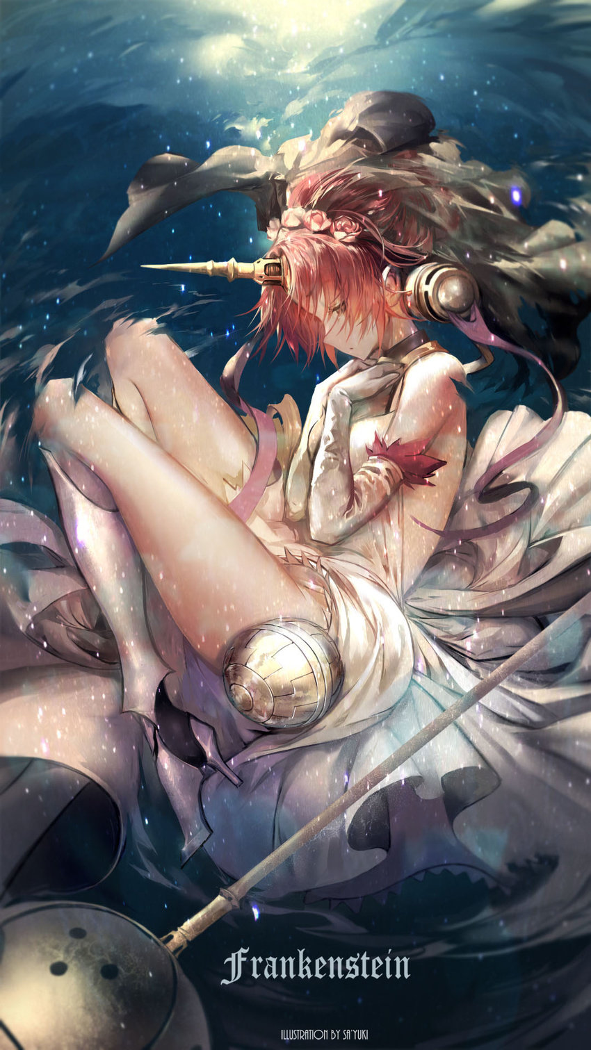 artist_name bangs boots character_name closed_mouth commentary_request dress elbow_gloves fate/apocrypha fate_(series) frankenstein's_monster_(fate) from_side gloves hands_up high_heel_boots high_heels highres knee_boots parted_bangs pink_hair profile sa'yuki short_hair solo submerged underwater veil white_dress white_footwear white_gloves yellow_eyes