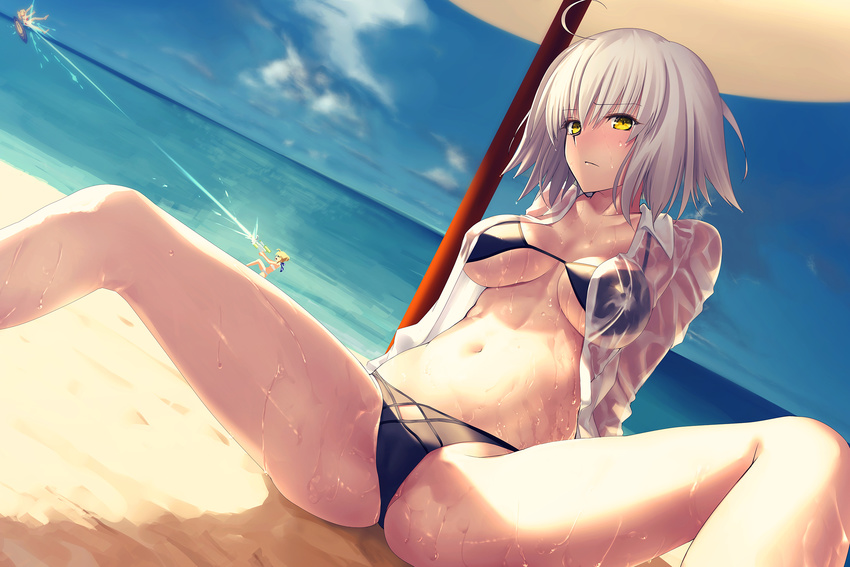 ahoge artoria_pendragon_(all) artoria_pendragon_(swimsuit_archer) bangs beach bikini black_bikini blonde_hair blue_sky blush breasts closed_mouth day dutch_angle eyebrows_visible_through_hair fate/apocrypha fate/grand_order fate/stay_night fate_(series) frown highres horizon jeanne_d'arc_(alter)_(fate) jeanne_d'arc_(fate)_(all) kawanakajima leaning_back legs looking_at_viewer medium_breasts mordred_(fate)_(all) mordred_(swimsuit_rider)_(fate) multiple_girls navel ocean open_clothes open_shirt outdoors prydwen saber sand see-through shirt short_hair silver_hair sitting sky solo_focus spread_legs stomach sunlight surfboard sweat swimsuit thighs water_gun wet wet_clothes wet_shirt yellow_eyes