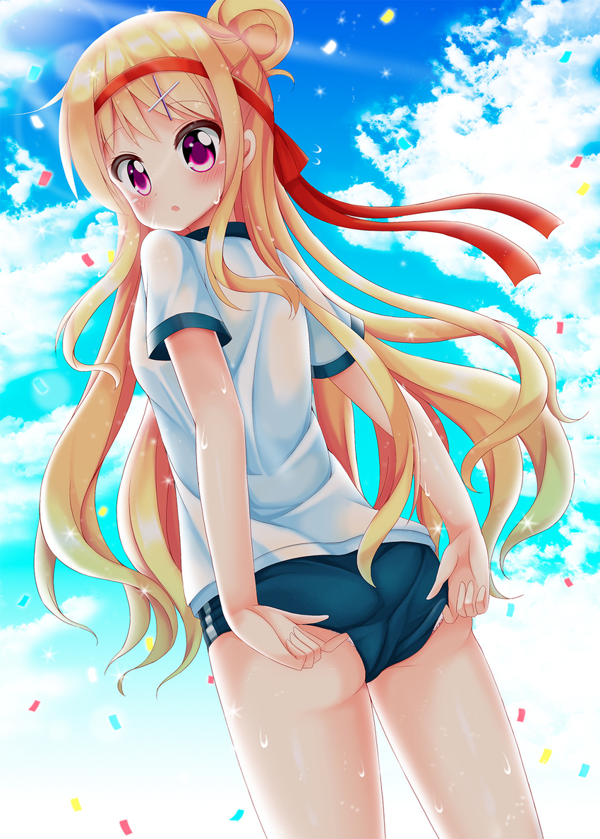 :o adjusting_buruma adjusting_clothes arms_behind_back ass bangs blonde_hair blue_buruma blue_sky breasts buruma cloud commentary_request confetti cowboy_shot day eyebrows_visible_through_hair from_behind gym_uniform hair_bun hair_ornament hairclip highres kin-iro_mosaic kujou_karen long_hair looking_at_viewer looking_back minato_(ojitan_gozaru) open_mouth outdoors panties panties_under_buruma purple_eyes red_headband shirt short_sleeves sidelocks sky small_breasts solo standing sweat t-shirt underwear white_panties white_shirt x_hair_ornament