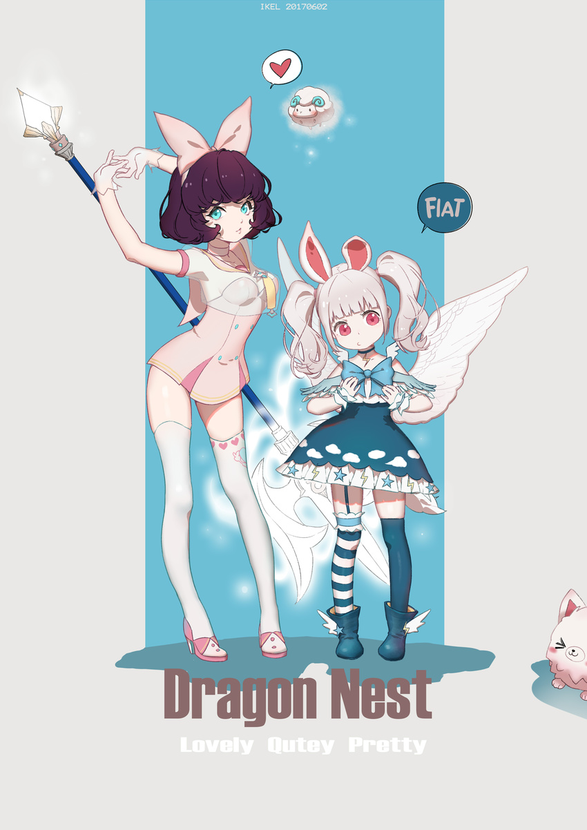 absurdres animal_ears bangs blue_eyes bow bunny_ears collar collarbone dragon_nest dress frills gloves hair_bow highres keapriciti looking_at_viewer multiple_girls purple_hair red_eyes shoes simple_background skirt striped striped_legwear thighs twintails white_hair wings