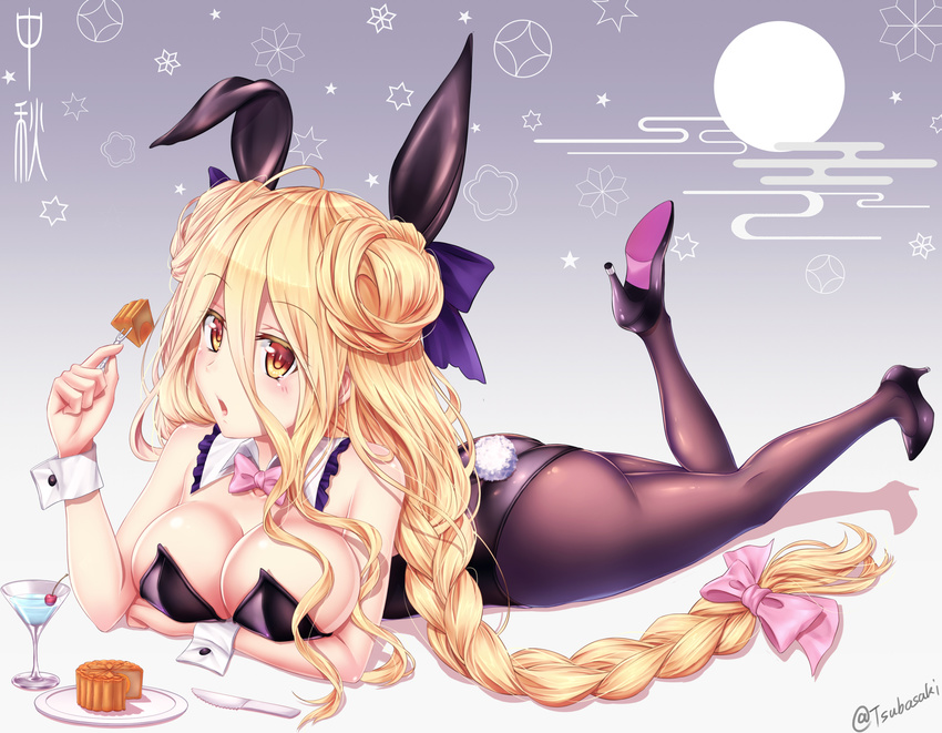animal_ears ass bare_shoulders blonde_hair blush bow bowtie braid breasts bunny_ears bunny_tail bunnysuit cleavage date_a_live drink food hair_bow hair_ribbon hand_up high_heels highres hoshimiya_mukuro large_breasts leg_lift long_hair lying md5_mismatch on_stomach open_mouth pantyhose pink_bow pink_neckwear ribbon solo tail tsubasaki yellow_eyes