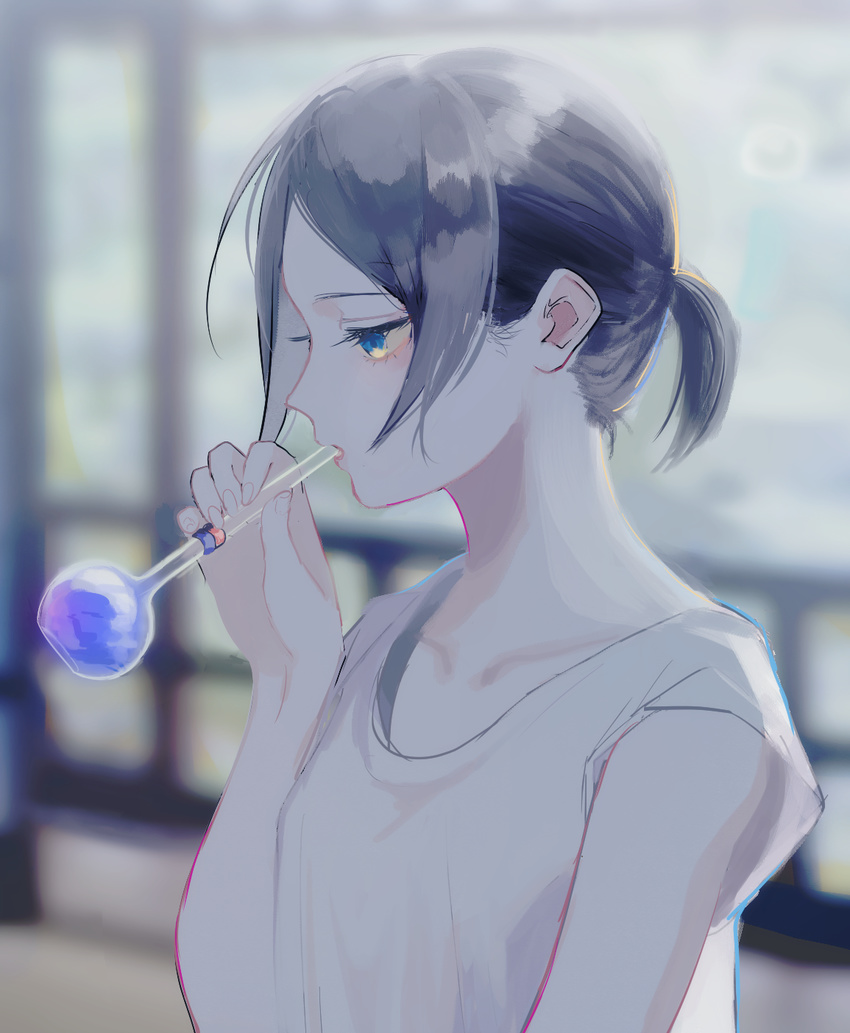 bare_arms black_hair blowing blue_eyes blurry blurry_background fingernails flat_chest glass glass_blowing half-closed_eyes highres holding looking_to_the_side mouth_hold original p2_(uxjzz) profile shirt short_hair short_ponytail sleeveless sleeveless_shirt solo upper_body