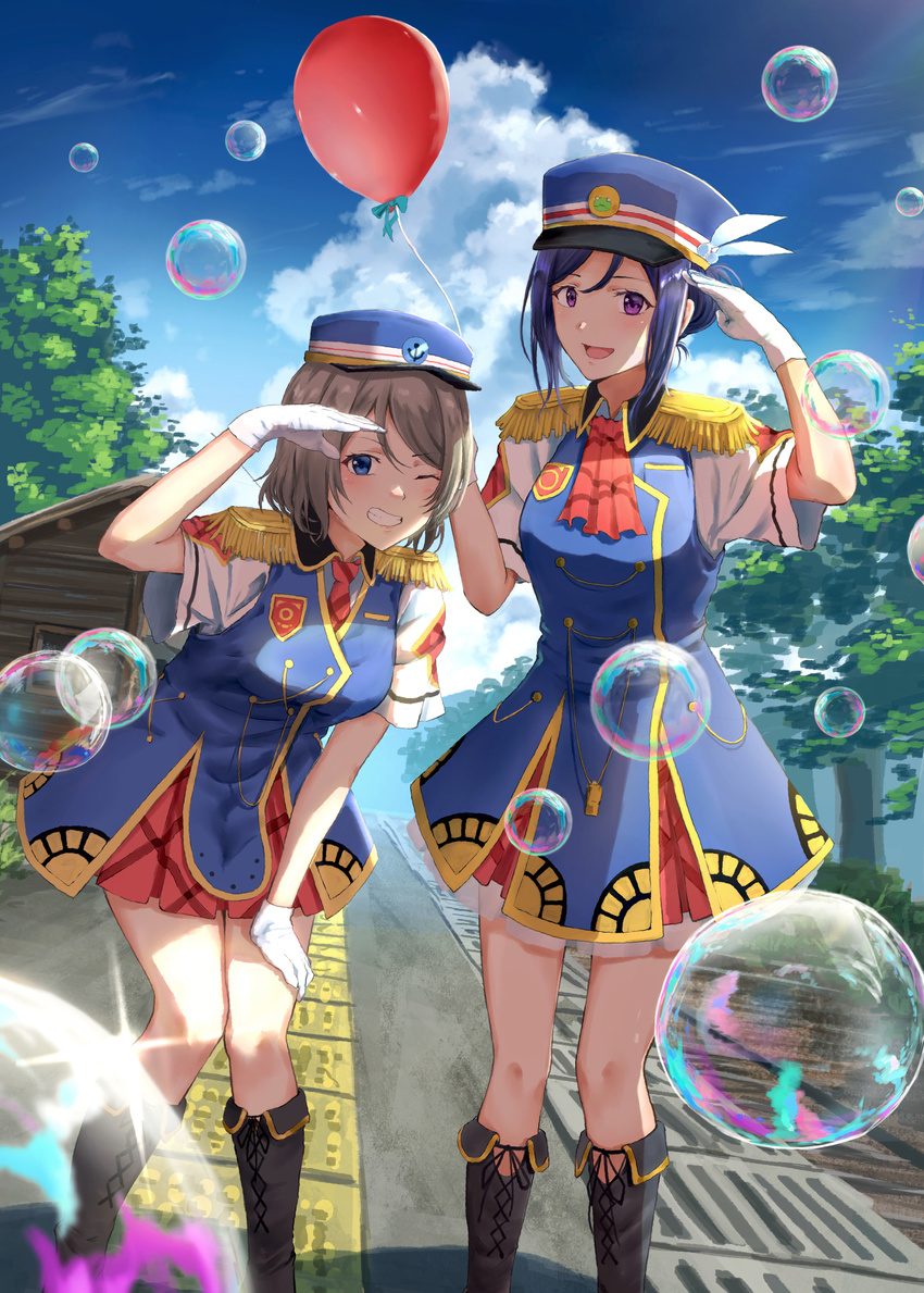 ;d ascot balloon black_footwear blue_eyes blue_hair blue_jacket blue_sky blush boots brown_hair bubble cloud cloudy_sky commentary_request day epaulettes gloves hand_up happy_party_train hat highres holding holding_balloon jacket leaning_forward looking_at_viewer love_live! love_live!_sunshine!! matsuura_kanan md5_mismatch multiple_girls necktie one_eye_closed open_mouth outdoors path purple_eyes red_neckwear road salute shirt short_hair short_sleeves sky sleeveless_jacket smile standing sugi87 tree watanabe_you white_gloves white_shirt