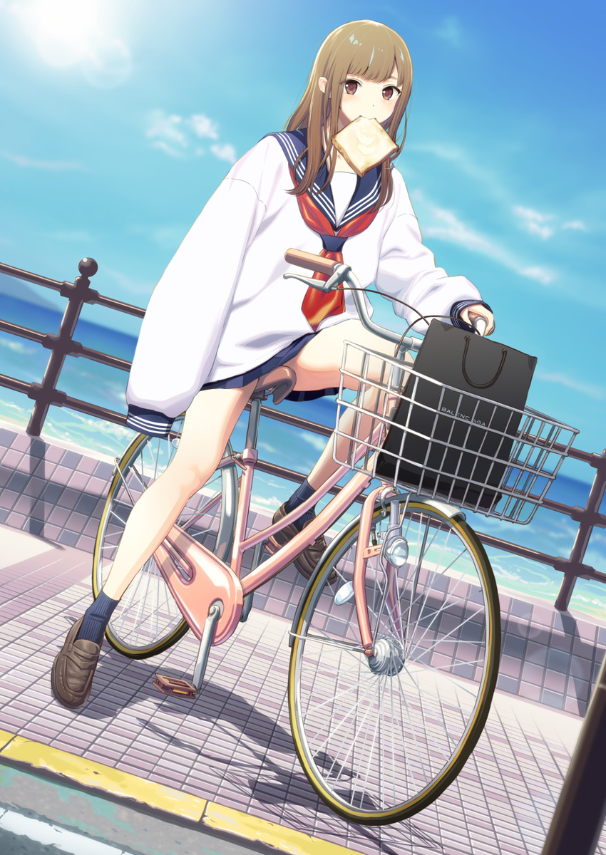 aida_takanobu bag bicycle black_legwear blue_sky brown_eyes brown_hair butter day food food_in_mouth ground_vehicle highres loafers long_hair looking_at_viewer mouth_hold original outdoors oversized_clothes school_uniform serafuku shoes skirt sky sleeves_past_wrists socks solo toast toast_in_mouth