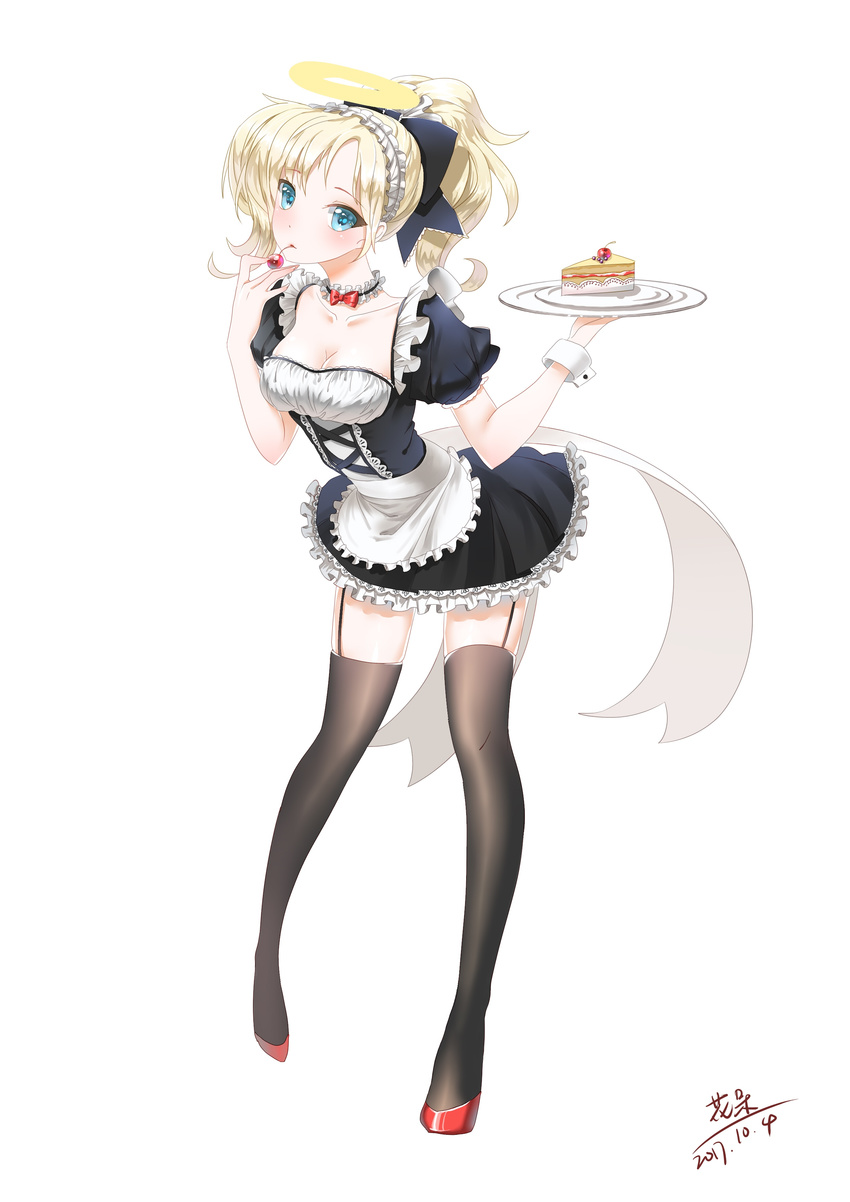 absurdres alternate_costume apron black_dress blonde_hair blue_eyes breasts cake cheesecake cherry choker cleavage collarbone compromise. dated dress enmaided food frilled_choker frills fruit full_body garter_straps hair_ribbon high_ponytail highres holding holding_food looking_at_viewer maid maid_apron maid_headdress medium_breasts medium_hair mercy_(overwatch) overwatch puffy_short_sleeves puffy_sleeves red_footwear ribbon shoes short_sleeves simple_background slice_of_cake solo thighhighs tray waist_apron white_background wrist_cuffs