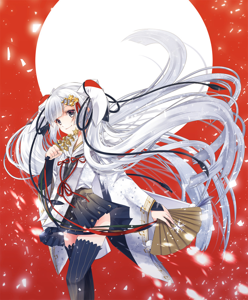 bangs beamed_eighth_notes bell black_ribbon eyebrows_visible_through_hair fan grey_eyes hair_ribbon hatsune_miku highres holding holding_fan iroha_(shiki) jingle_bell long_hair long_sleeves looking_at_viewer musical_note musical_note_hair_ornament musical_note_print paper_fan pinstripe_legwear plaid plaid_skirt red_background red_ribbon ribbon skirt smile snowflake_print solo striped striped_legwear thighhighs twintails vertical-striped_legwear vertical_stripes very_long_hair vocaloid white_hair wide_sleeves yuki_miku zettai_ryouiki