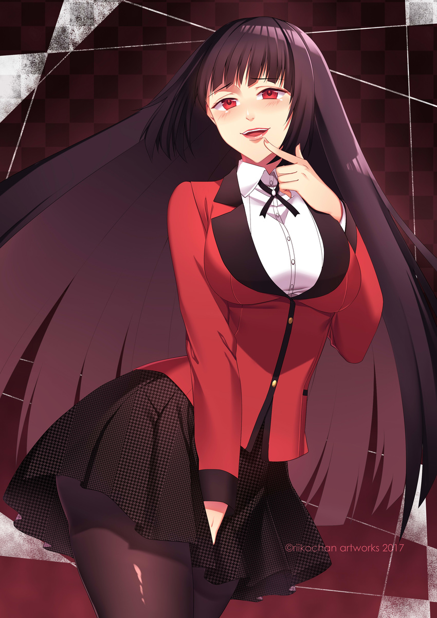 absurdres artist_name bangs between_legs black_hair black_legwear black_skirt blazer blush breasts checkered checkered_background cowboy_shot finger_to_mouth hand_between_legs highres hime_cut houndstooth jabami_yumeko jacket kakegurui large_breasts lips long_hair looking_at_viewer miniskirt nail_polish open_mouth pantyhose pink_lips pink_nails pleated_skirt red_eyes red_jacket riikochan school_uniform skirt smile solo very_long_hair