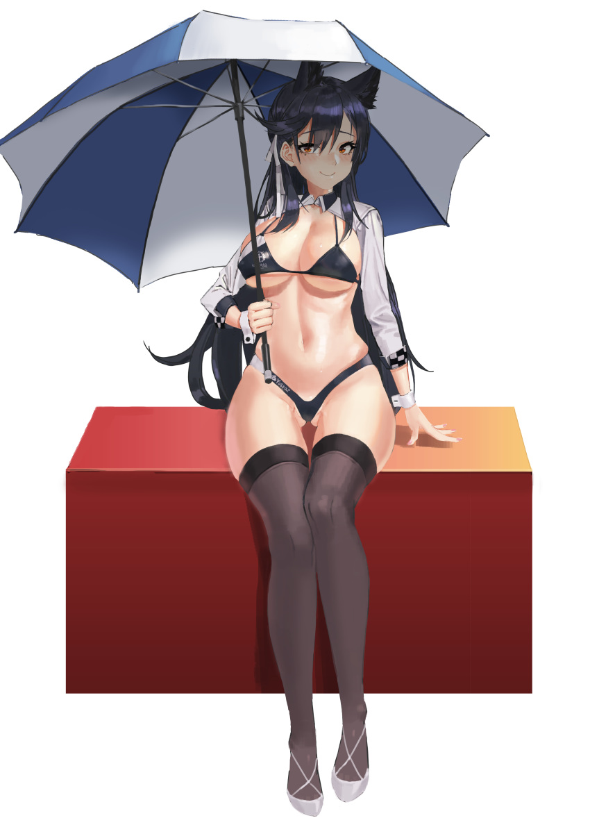 1girl absurdres animal_ears ass_visible_through_thighs atago_(azur_lane) azur_lane bangs black_hair black_legwear breasts cleavage commentary eun_bari extra_ears high_heels highres holding holding_umbrella large_breasts logo long_hair mole mole_under_eye navel race_queen ribbon shrug simple_background sitting sitting_on_object smile solo swept_bangs thigh_gap thighhighs two-tone_bikini umbrella white_background white_footwear white_ribbon wrist_cuffs