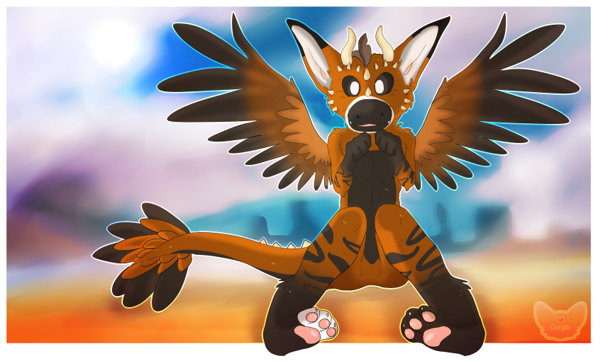 2015 3_toes 4_fingers absurd_res ambiguous_gender angel_dragon anthro black_fur blurred_background border brown_fur dragon dutch_angel_dragon featureless_crotch fluffy front_view fur furred_dragon hi_res horn ilovecorgis looking_at_viewer no_pupils pawpads simple_background sitting solo spikes telephone_(ino89777) toes watermark white_border white_eyes white_fur wings