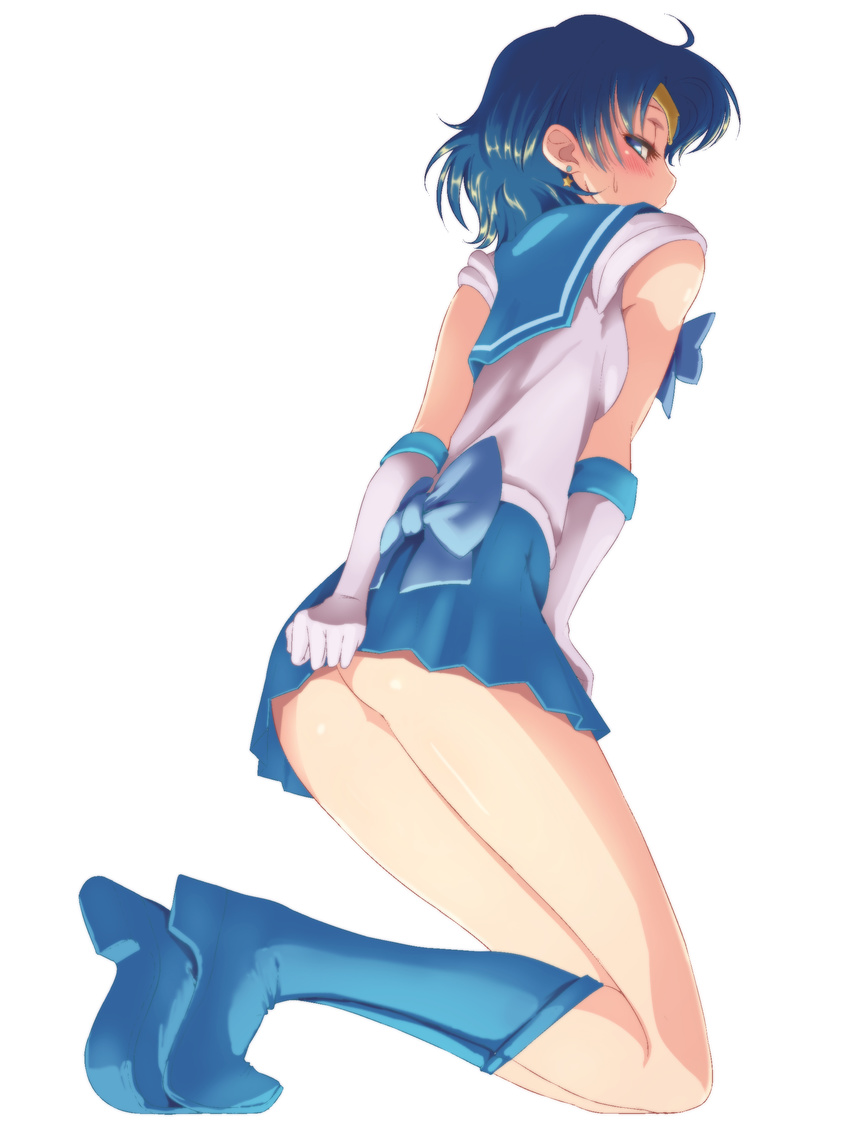 absurdres amorphous ass bishoujo_senshi_sailor_moon blue_bow blue_eyes blue_footwear blue_hair blue_sailor_collar blue_skirt blush boots bow earrings elbow_gloves from_side full_body gloves highres jewelry knee_boots looking_at_viewer looking_back magical_girl microskirt mizuno_ami pleated_skirt sailor_collar sailor_mercury sailor_senshi_uniform short_hair skirt skirt_tug star star_earrings sweatdrop thighs tiara white_gloves