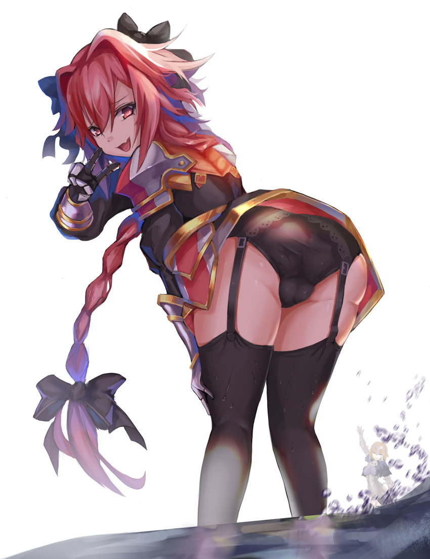 1girl absurdres androgynous armor ass astolfo_(fate) black_bow black_garter_belt blonde_hair blue_eyes bow braid buckle bulge commentary_request fang fate/apocrypha fate/grand_order fate_(series) faulds garter_belt gauntlets gold_trim hair_intakes hair_ribbon headpiece highres jeanne_d'arc_(fate) jeanne_d'arc_(fate)_(all) lace-trimmed_garter_belt long_hair looking_at_viewer multicolored_hair open_mouth otoko_no_ko panties pantyshot pantyshot_(standing) pink_hair plackart purple_eyes ribbon shi_qi_kuang_beng single_braid smile standing streaked_hair thighhighs underwear upskirt v v_over_eye very_long_hair