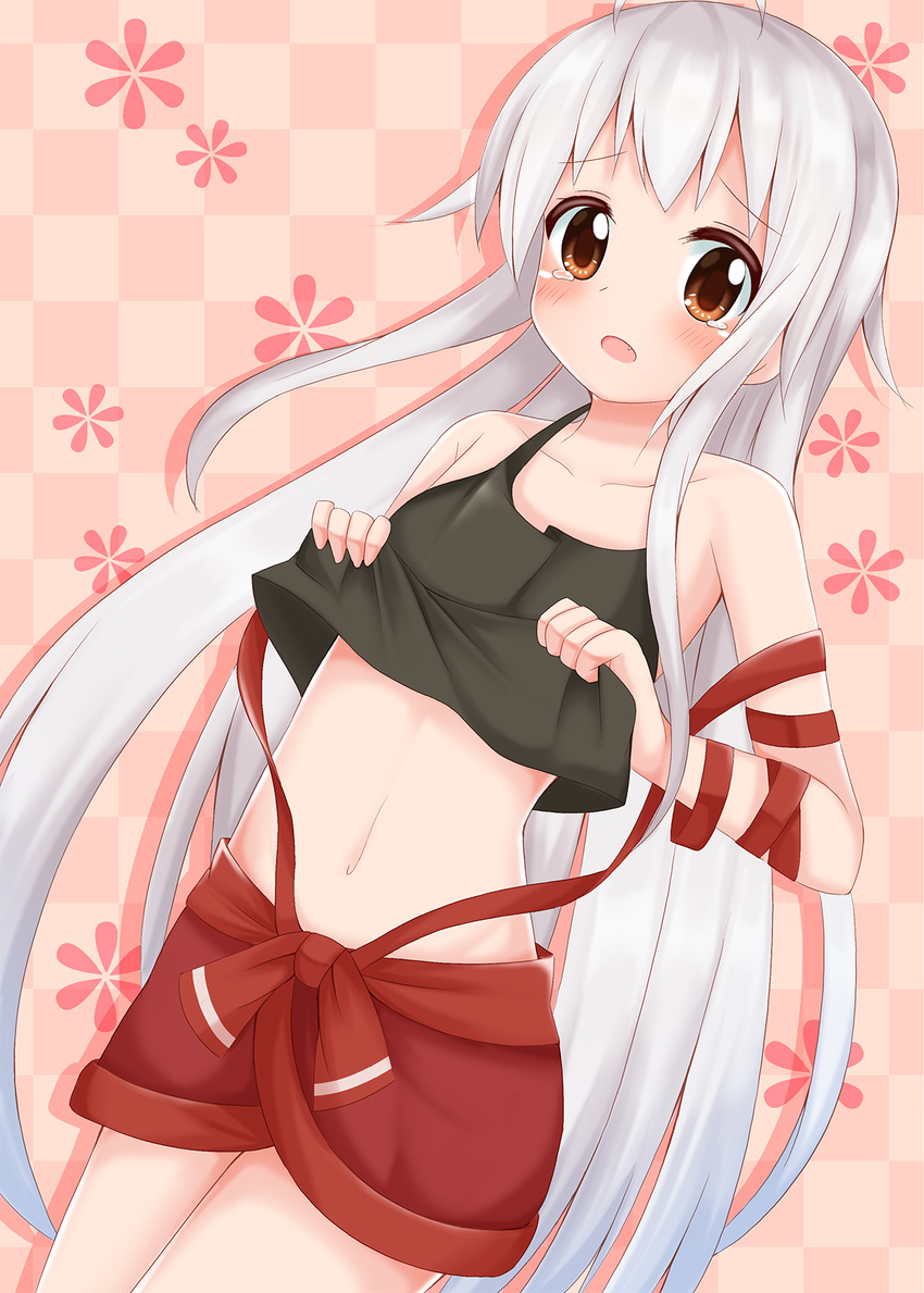 ahoge bangs bare_shoulders black_shirt blush breasts checkered checkered_background chiya_(urara_meirochou) collarbone commentary_request cowboy_shot eyebrows_visible_through_hair flower highres lifted_by_self long_hair looking_at_viewer minato_(ojitan_gozaru) navel open_mouth pink_background red_eyes red_skirt shadow shirt silver_hair skirt skirt_lift sleeveless small_breasts solo standing tank_top tearing_up urara_meirochou very_long_hair
