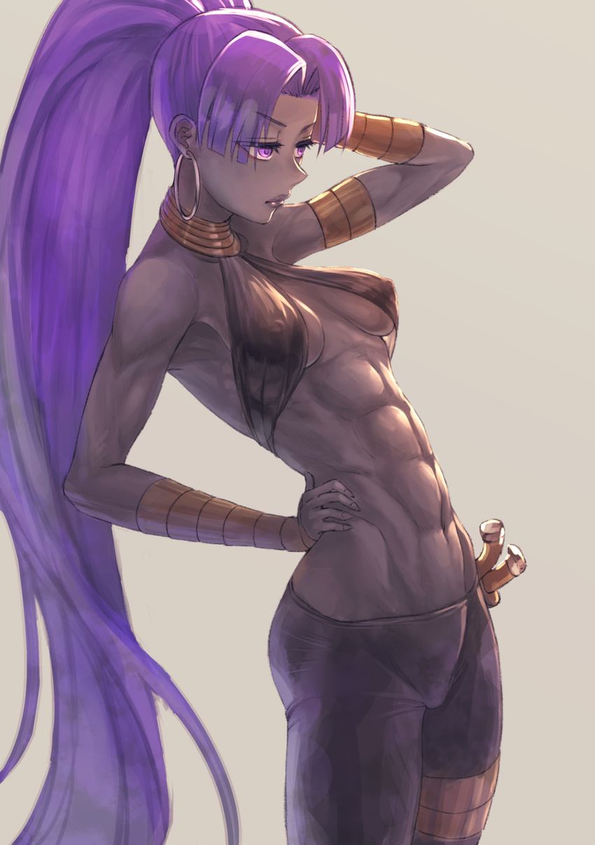 abs absurdres arm_up armlet armpits assassin_(fate/zero) bare_shoulders black_lips black_nails black_pants black_skin bracer breasts breasts_apart closed_mouth collarbone covered_nipples cowboy_shot criss-cross_halter dagger earrings emoto_reishi eyebrows_visible_through_hair eyelashes eyes_visible_through_hair fate/grand_order fate/zero fate_(series) female_assassin_(fate/zero) fingernails groin hair_intakes half-closed_eyes halter_top halterneck hand_behind_head hand_on_hip high_ponytail highres hoop_earrings jewelry leaning leaning_back legs_together lips long_hair looking_away midriff muscle muscular_female nail_polish navel no_bra pants purple_eyes purple_hair sheath sheathed sideboob simple_background small_breasts solo standing stomach thigh_strap tsurime underboob very_long_hair weapon