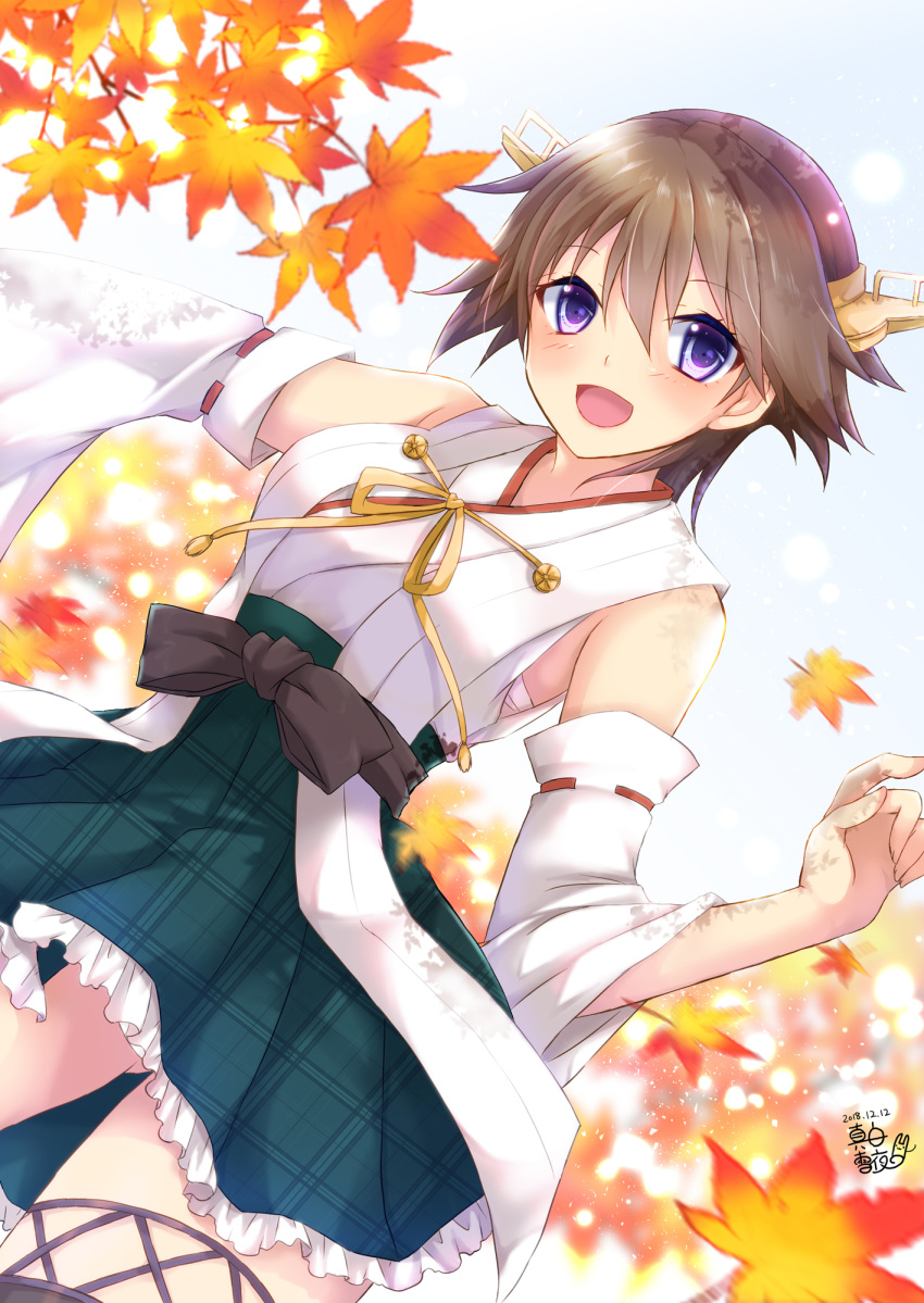 0yukiya0 1girl artist_logo autumn_leaves bare_shoulders boots brown_hair cowboy_shot dated detached_sleeves flipped_hair green_skirt hairband headgear hiei_(kantai_collection) highres kantai_collection looking_at_viewer no_legwear nontraditional_miko plaid plaid_skirt ribbon-trimmed_sleeves ribbon_trim short_hair skirt solo thigh_boots thighhighs unmoving_pattern w_arms