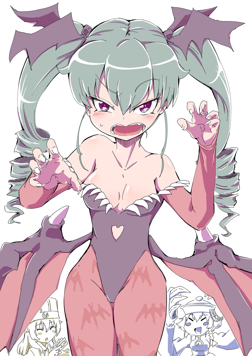 absurdres anchovy animal_print bat_print bat_wings blush blush_stickers bob_(you-u-kai) breasts carpaccio chinese_clothes claws cleavage cleavage_cutout closed_eyes commentary_request cosplay detached_sleeves fake_wings fangs girls_und_panzer green_hair hair_between_eyes hair_ribbon hands_up highres large_breasts lei_lei lei_lei_(cosplay) leotard lin-lin lin-lin_(cosplay) long_hair medium_breasts morrigan_aensland morrigan_aensland_(cosplay) multiple_girls ofuda ofuda_on_clothes open_mouth pantyhose pepperoni_(girls_und_panzer) print_legwear ribbon sweatdrop translation_request twintails vampire_(game) wings
