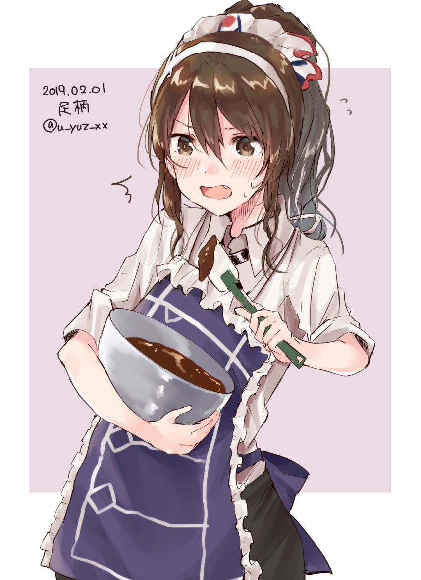 1girl apron ashigara_(kantai_collection) black_skirt border brown_eyes brown_hair character_name commentary_request cowboy_shot dated fang frilled_apron frills hairband highres kantai_collection long_hair pencil_skirt purple_apron purple_background remodel_(kantai_collection) skirt solo twitter_username two-tone_background u_yuz_xx uniform wavy_hair white_border