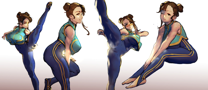 alternate_costume barefoot blush breasts brown_hair cameltoe chun-li diathorn double_bun flexible hair_bun highres kicking large_breasts leg_lift leg_up looking_at_viewer multiple_views one_eye_closed shoes smile sneakers stirrup_legwear street_fighter street_fighter_zero_(series) toeless_legwear