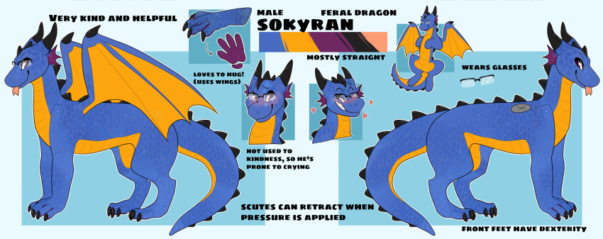&lt;3 2019 absurd_res all_fours blue_scales blush claws description digital_media_(artwork) dragon english_text eyewear feral frill glasses grin hi_res horn looking_at_viewer male model_sheet one_eye_closed orange_scales purple_eyes purple_paws quadruped reptifriend_(artist) scales scalie scutes side_view smile sokyran solo standing tears teeth text toes tongue tongue_out western_dragon wings wink