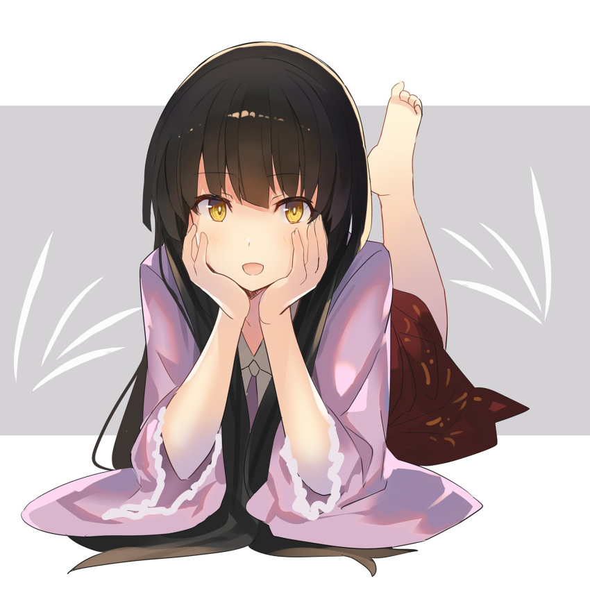 1girl bangs barefoot black_hair blush bow bowtie commentary_request eyebrows_visible_through_hair grey_background hands_on_own_cheeks hands_on_own_face hands_up highres houraisan_kaguya leg_up long_hair long_sleeves looking_at_viewer lying on_stomach open_mouth pink_shirt red_skirt rin_falcon shirt sidelocks skirt smile soles solo touhou two-tone_background white_background white_bow white_neckwear wide_sleeves yellow_eyes