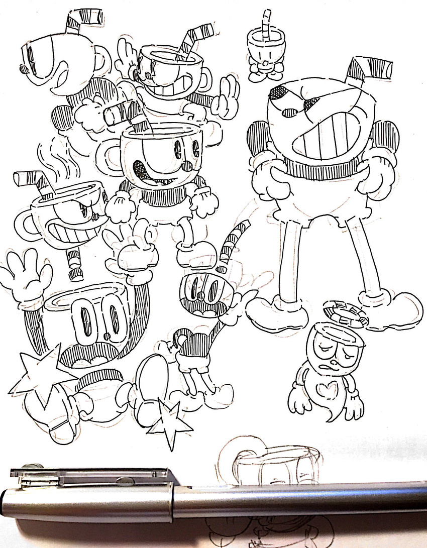 30s absurdres character_sheet commentary cuphead cuphead_(game) gashi-gashi giving_up_the_ghost grin halo highres oldschool pants pen pen_(medium) smile traditional_media