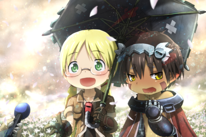 1girl 1other :d bandages blonde_hair blush brown_gloves brown_hair brown_jacket cloak ear_blush embarrassed eyebrows_visible_through_hair facial_mark field flower flower_field genya_(genya67) glasses gloves green_eyes highres holding holding_microphone holding_umbrella interview jacket low_twintails made_in_abyss mechanical_arms microphone monster_girl nanachi_(made_in_abyss) nose_blush open_clothes open_jacket open_mouth petals pointy_ears regu_(made_in_abyss) riko_(made_in_abyss) rimless_eyewear shared_umbrella slit_pupils smile special_feeling_(meme) thick_eyebrows twintails umbrella wavy_mouth whistle yellow_eyes
