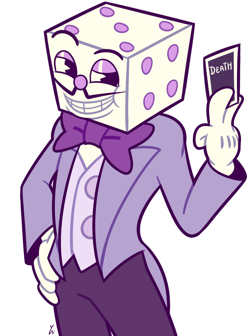 30s bow bowtie card cuphead_(game) dice eyeshadow facial_hair grin highres king_dice makeup male_focus mustache oldschool pants raised_eyebrow smile smug solo tuxedo yatsunote