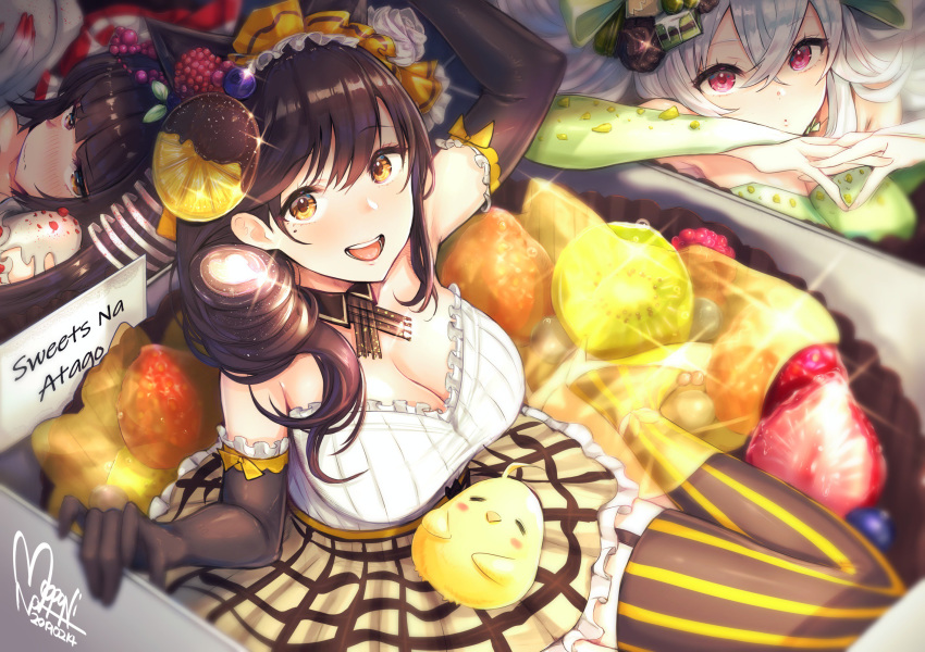 3girls :d animal_ears arm_up atago_(azur_lane) azur_lane bangs black_gloves black_hair blunt_bangs blush breasts cleavage closed_mouth commentary_request crossed_bangs dated detached_collar elbow_gloves embarrassed extra_ears food frown garter_straps gloves graf_zeppelin_(azur_lane) hair_between_eyes hair_over_shoulder high_heels highres large_breasts looking_at_viewer mappaninatta mole mole_under_eye multiple_girls nose_blush open_mouth orange_eyes pink_eyes signature silver_hair smile striped striped_legwear sweets takao_(azur_lane) thighhighs valentine vertical-striped_legwear vertical_stripes wavy_mouth white_footwear