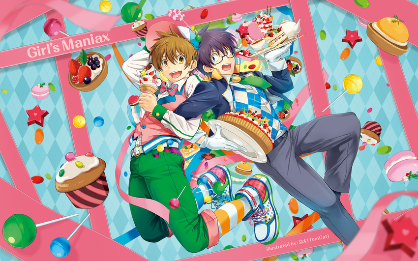 argyle argyle_background artist_name baseball_cap black_hair blue_background blue_eyes bow bowtie brown_hair butler cake candy copyright_name cupcake dlsite.com food gaku_(dlsite) glasses gloves hat highres ice_cream ice_cream_cone jumping kyouta_(a01891226) locked_arms lollipop macaron male_focus minato_(dlsite) multiple_boys official_art open_mouth ribbon shoes short_hair smile sneakers strawberry_shortcake tart_(food) vest wallpaper white_gloves yellow_background